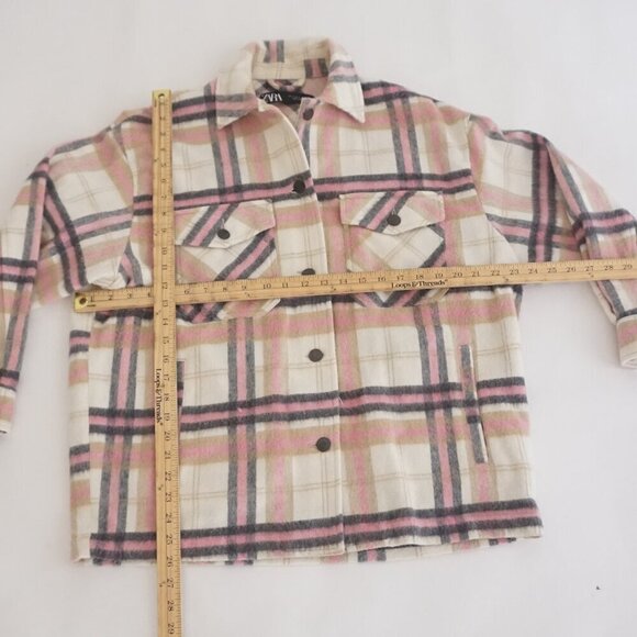 Zara Pink Cream Plaid 20% Wool Button Up Shacket Shirt S - Picture 4 of 12